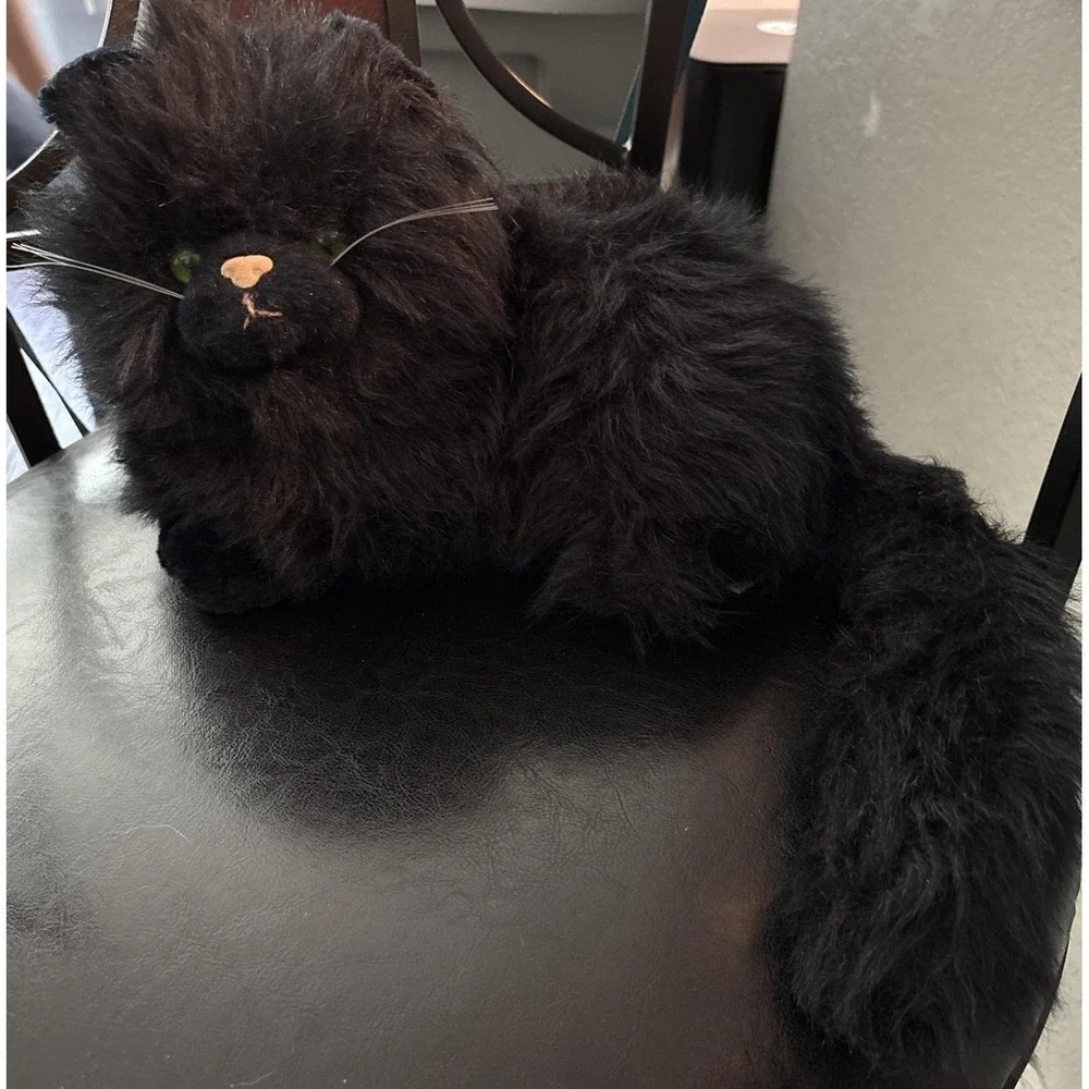 Vintage Russ Berrie Persian Black Cat Plush Nikki Green Eyes Long Hair Realistic